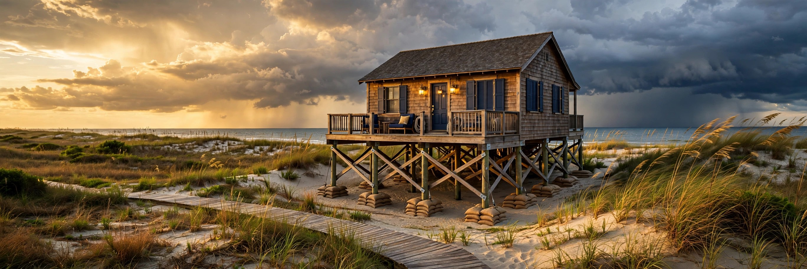 Outer Banks beach houses on the dunes under storm clouds