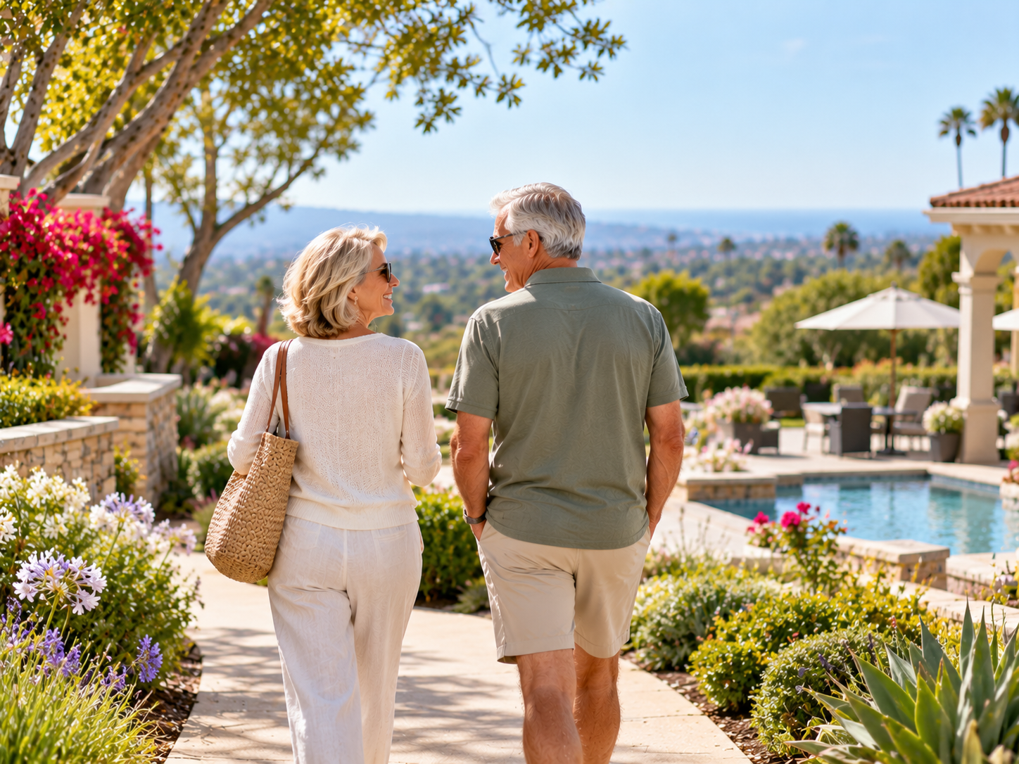 Senior Couple Stroll by the Pool