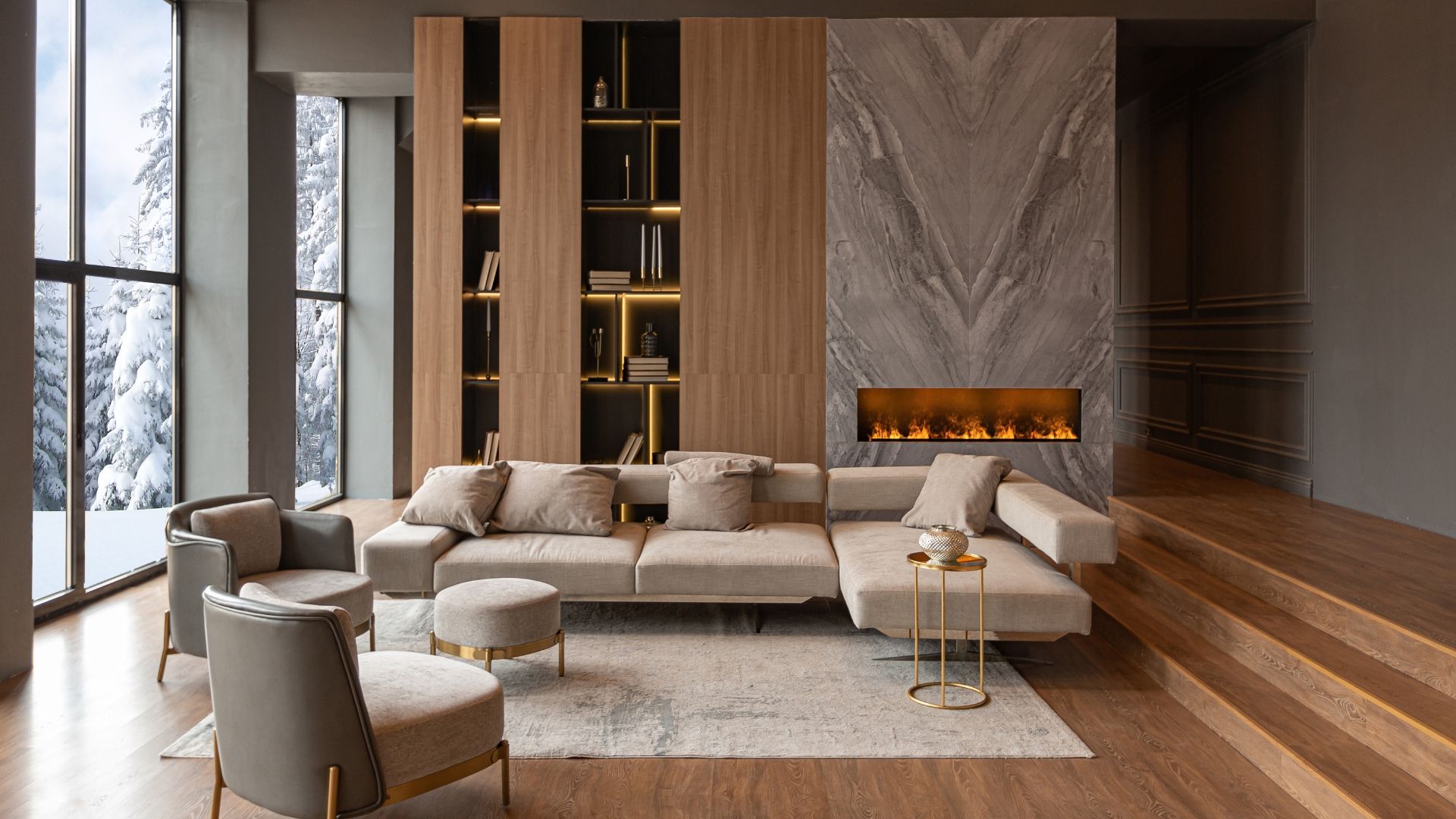 living room, marble wall fireplace and stylish bookcase to the ceiling