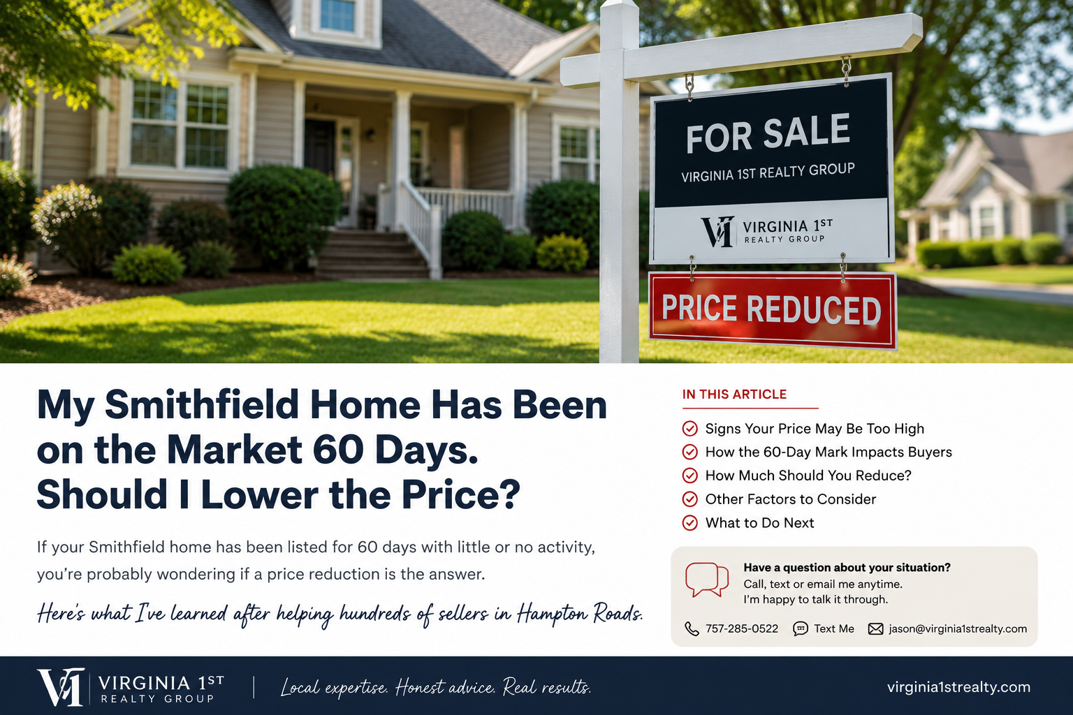 Smithfield VA home with price reduction sign – Virginia 1st Realty Group