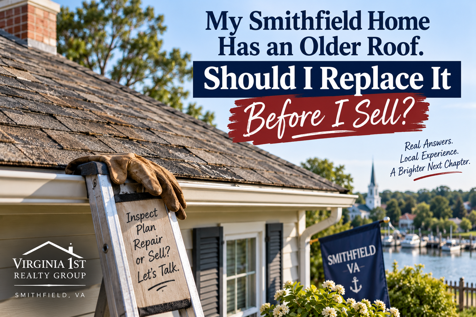 Smithfield VA home with an older roof being evaluated before selling – Virginia 1st Realty Group