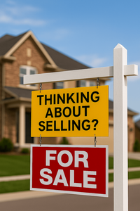 Yellow and red Thinking About Selling sign in front of brick home in Salt Lake County