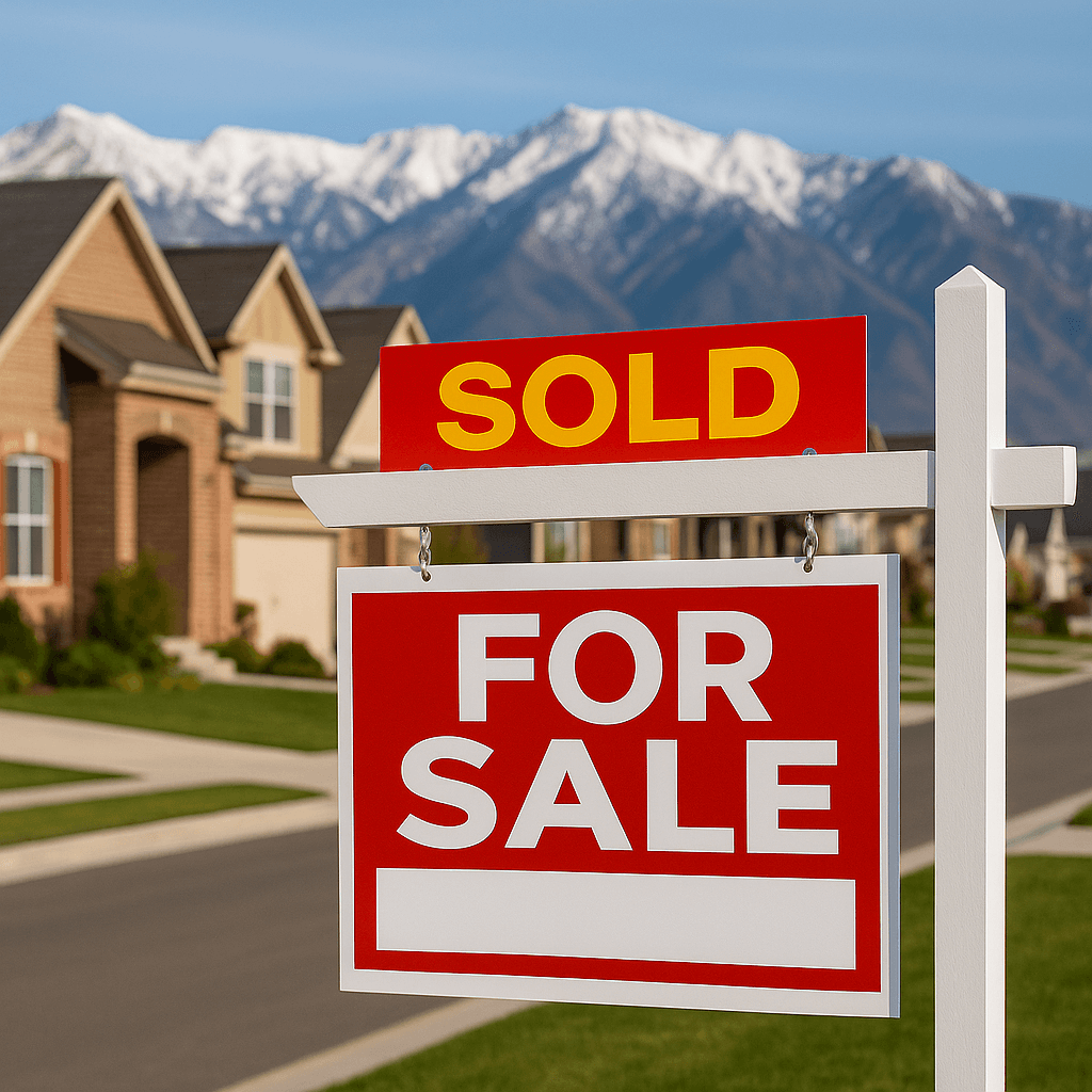 For Sale sign in Salt Lake County neighborhood with mountain backdrop – sell your home quickly