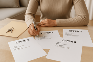 Seller reviewing multiple home offers with their real estate agent in Salt Lake County