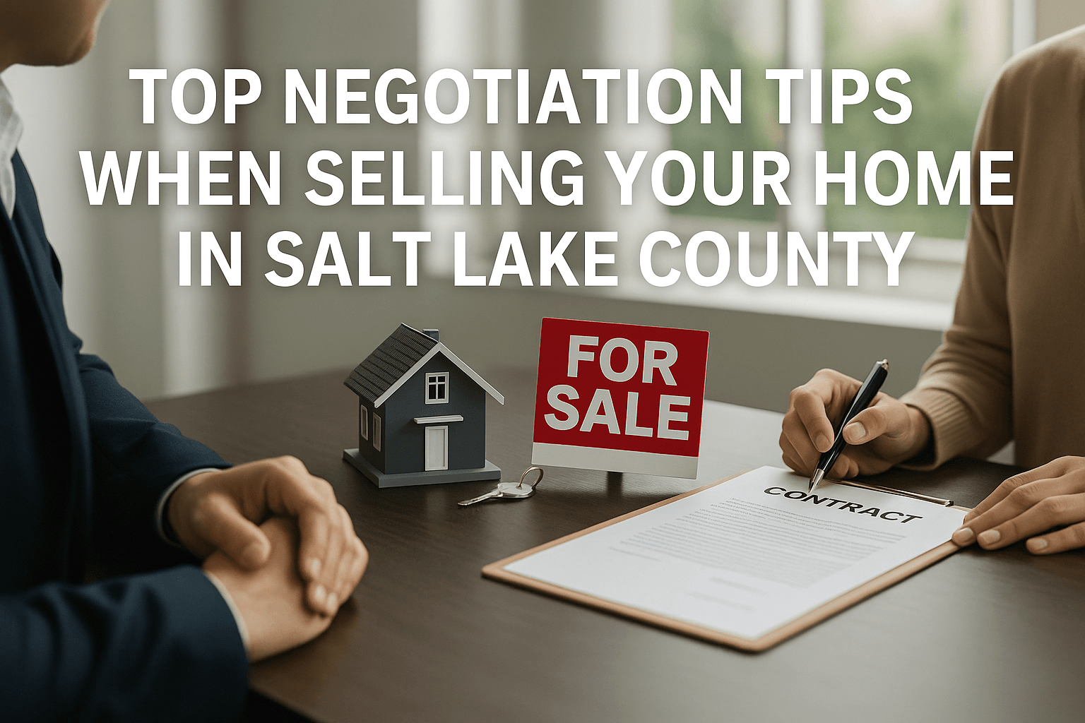 Real estate agent shaking hands with seller in Salt Lake County home office