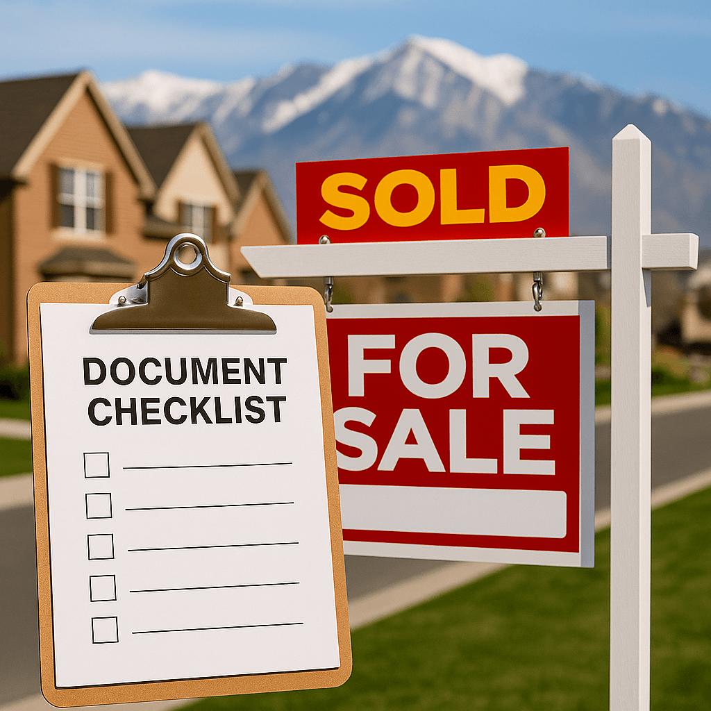 Home seller reviewing real estate paperwork at the dining table in Salt Lake County
