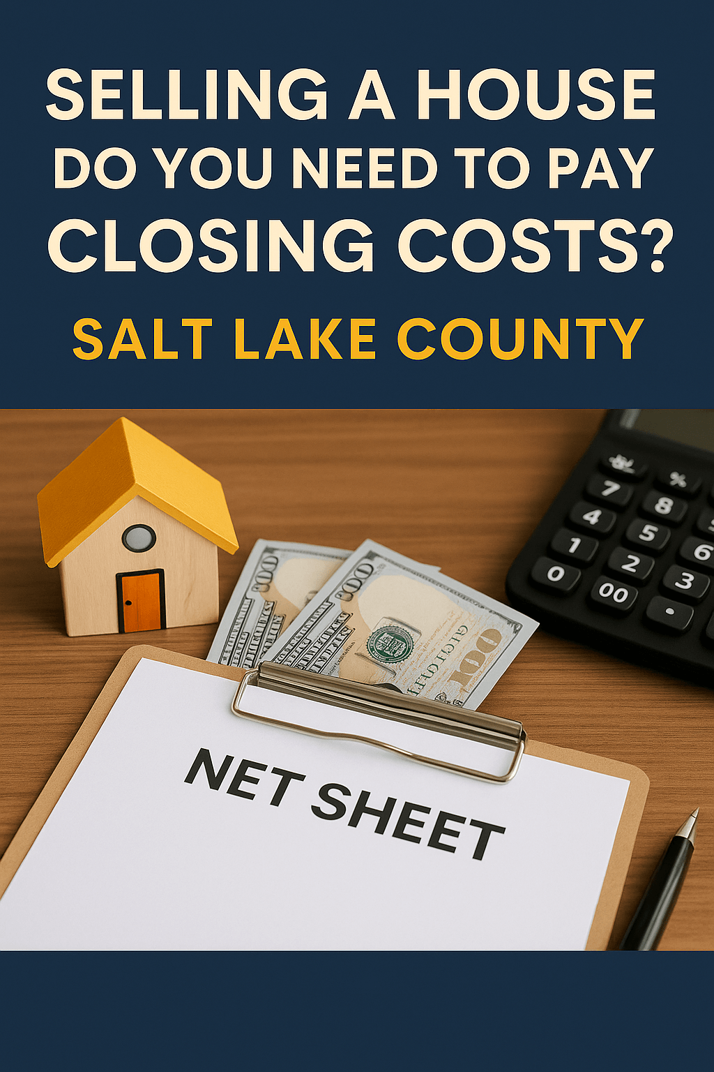 "Clipboard with net sheet, calculator, cash, and model home representing closing costs when selling a house in Salt Lake County"