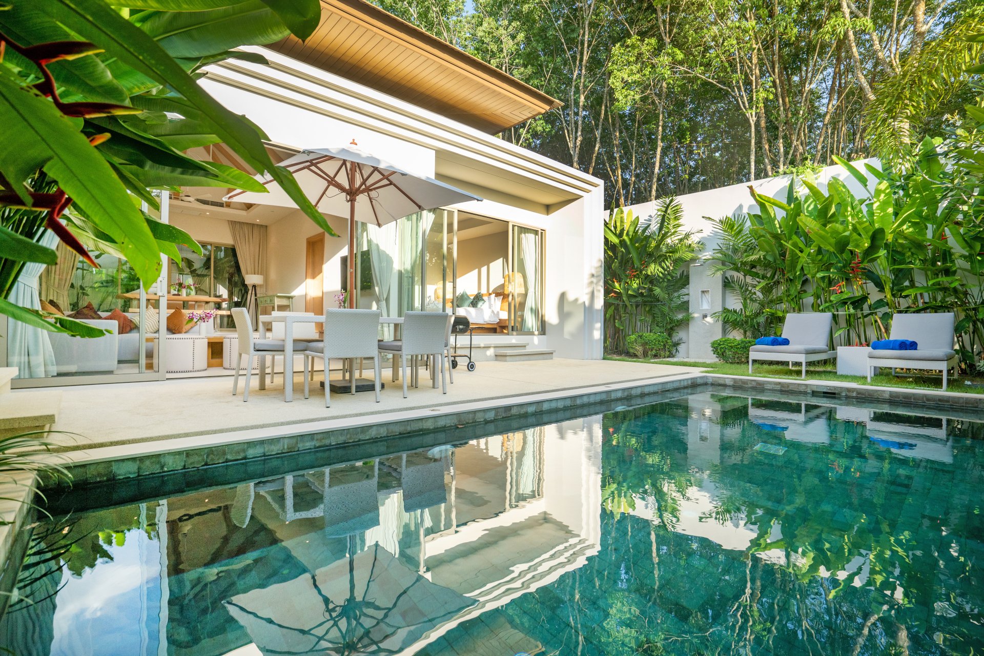 Interior and exterior design of luxury pool villa