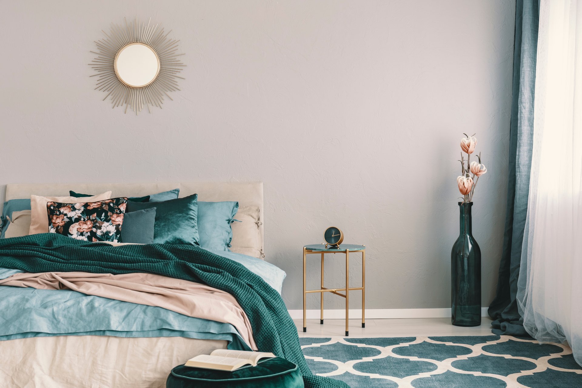 beautiful bedroom interior with beige and emerald green