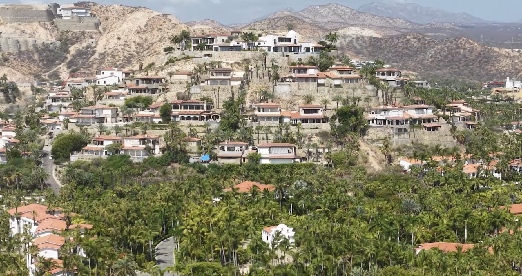 Palmilla residences terraced into the hillside above the palm groves, with the Sierra mountains behind.