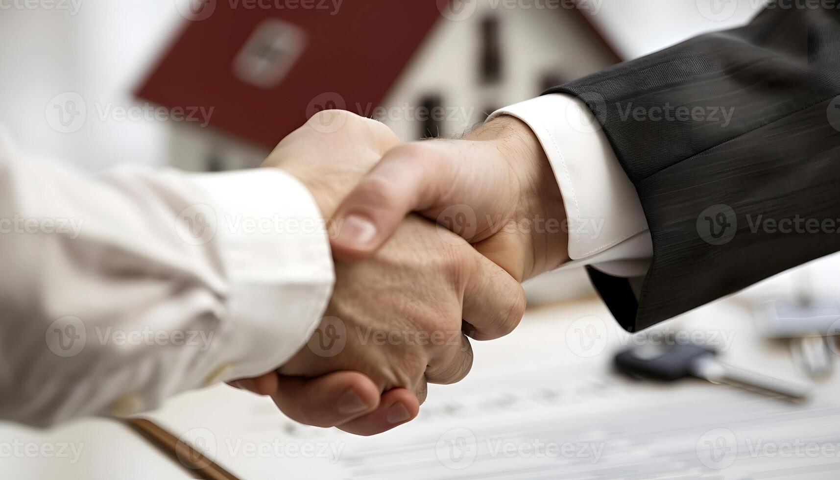 close-up-of-two-men-shaking-hands-over-a-contract-with-house-model-in-background-photo