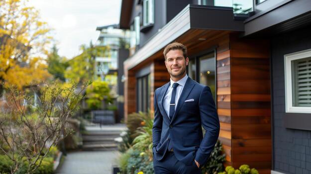 confident-businessman-standing-in-front-of-modern-house-in-urban-neighborhood-surrounded-by-greenery-photo