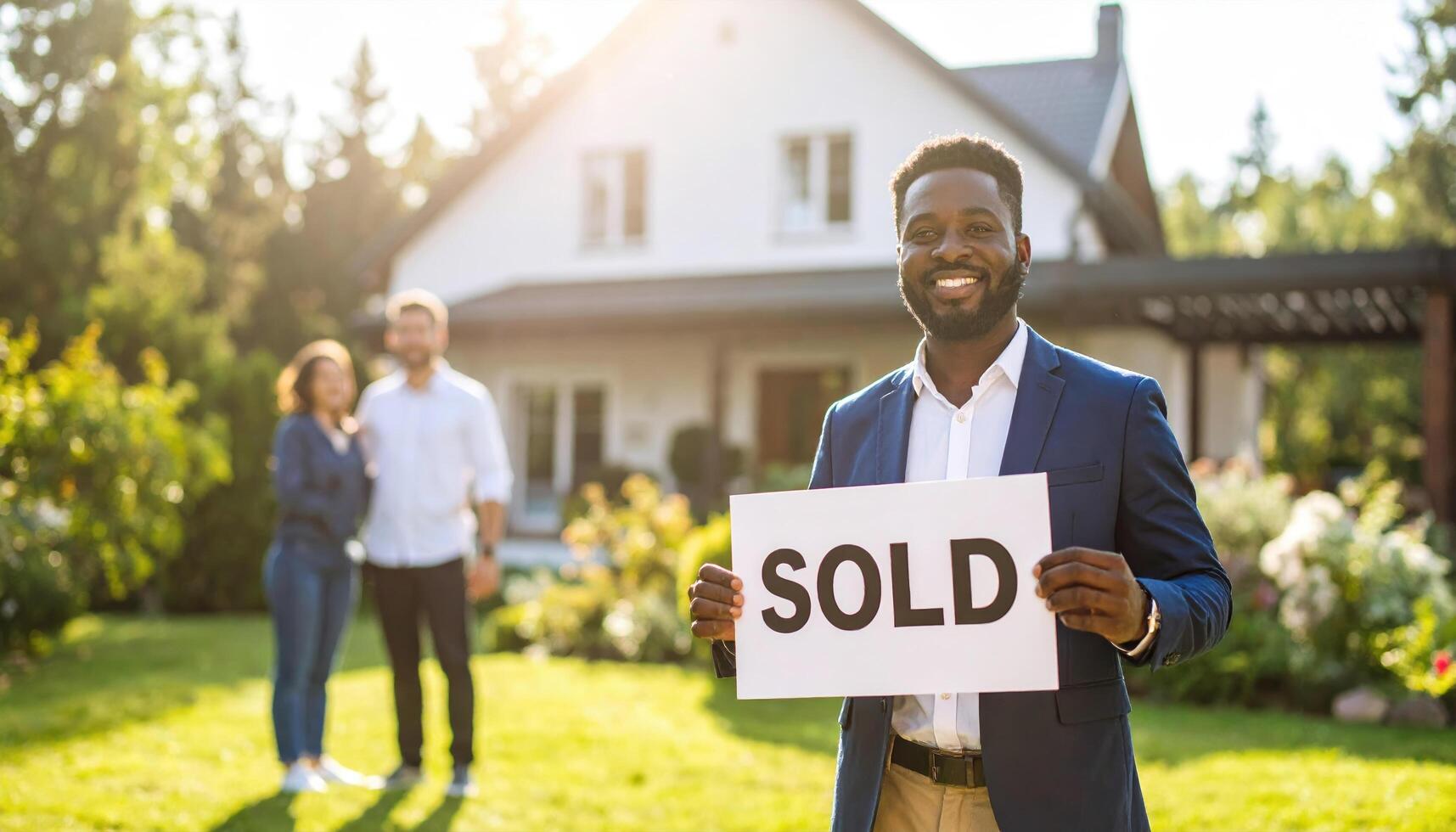 happy-real-estate-agent-holding-sold-sign-in-front-of-new-house-smiling-couple-standing-in-background-sunny-day-successful-home-purchase-outdoor-residential-property-free-photo