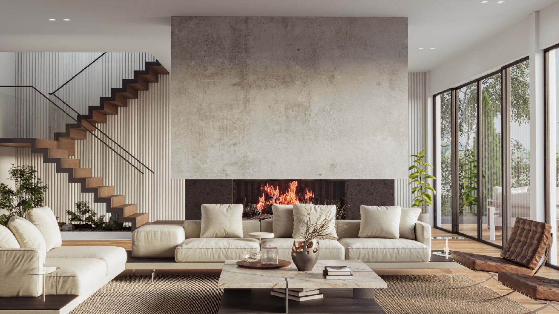 Cozy living room interior with large windows