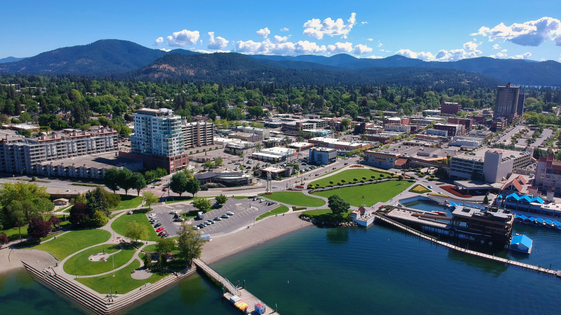 An Aerial View of Coeur d'Alene, Idaho from over Lake Coeur d'Alene