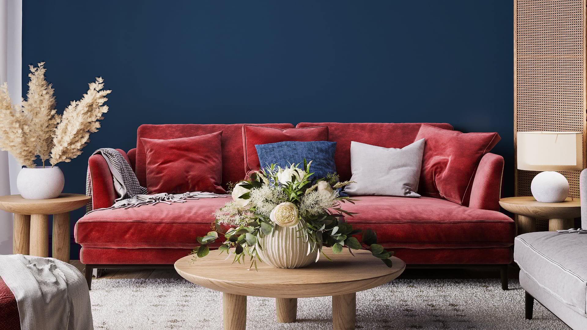 red and blue living room interior