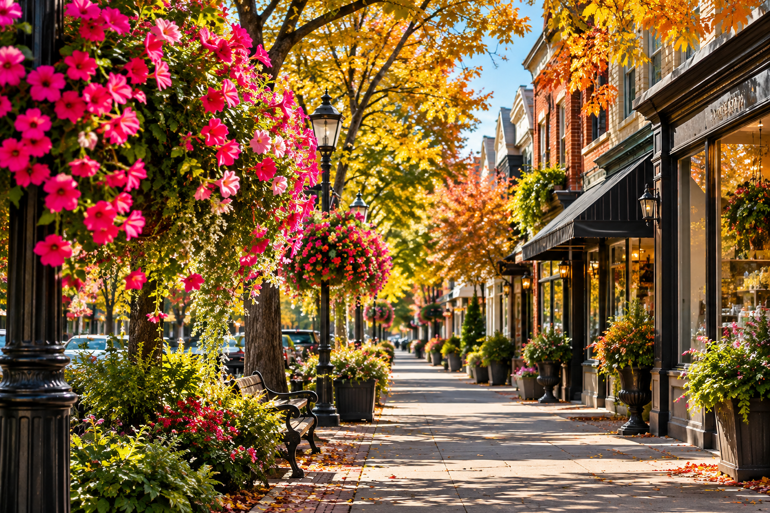Autumn Shopping Street with Pink Flower Baskets