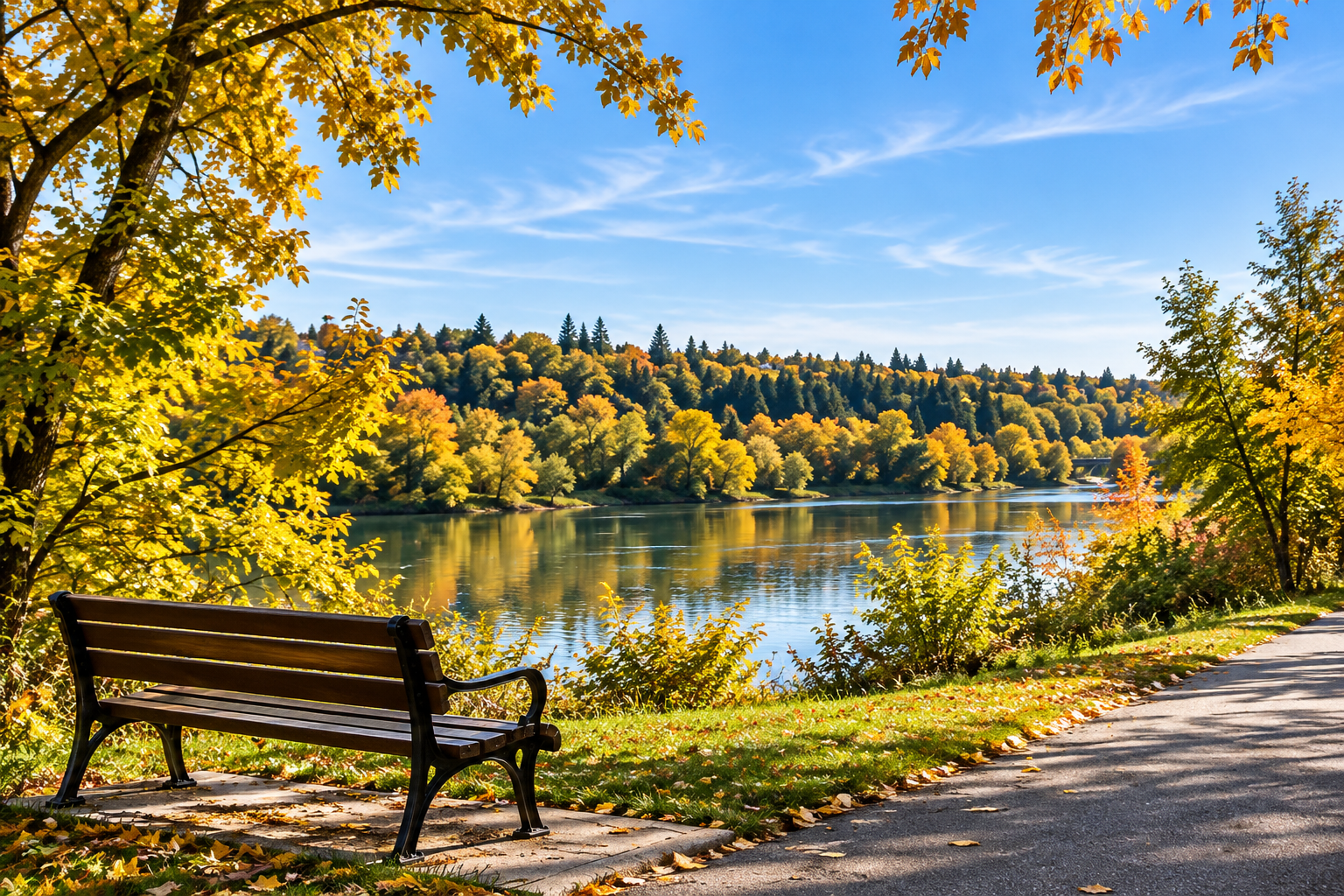 Autumn riverside bench in golden light
