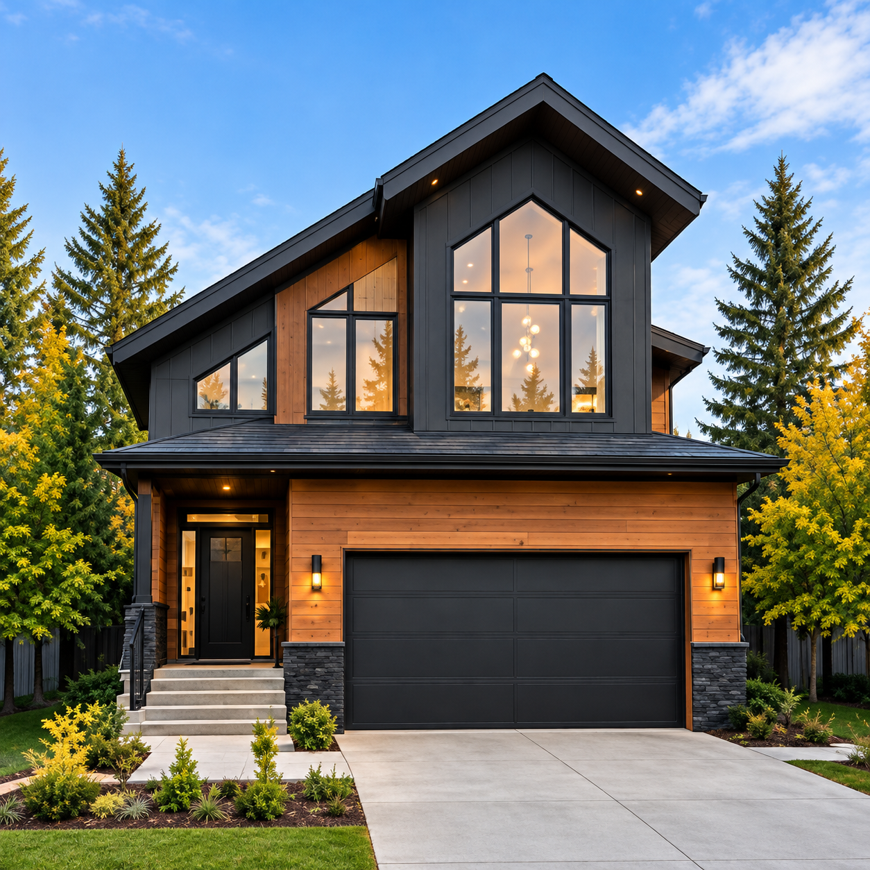 Modern charcoal house, warm windows
