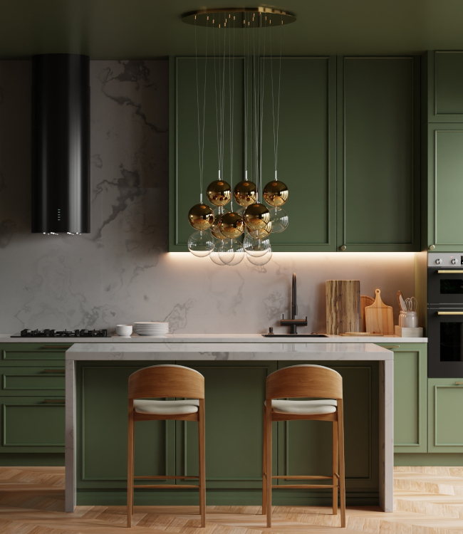 Green kitchen room features a minimalist interior design650x750