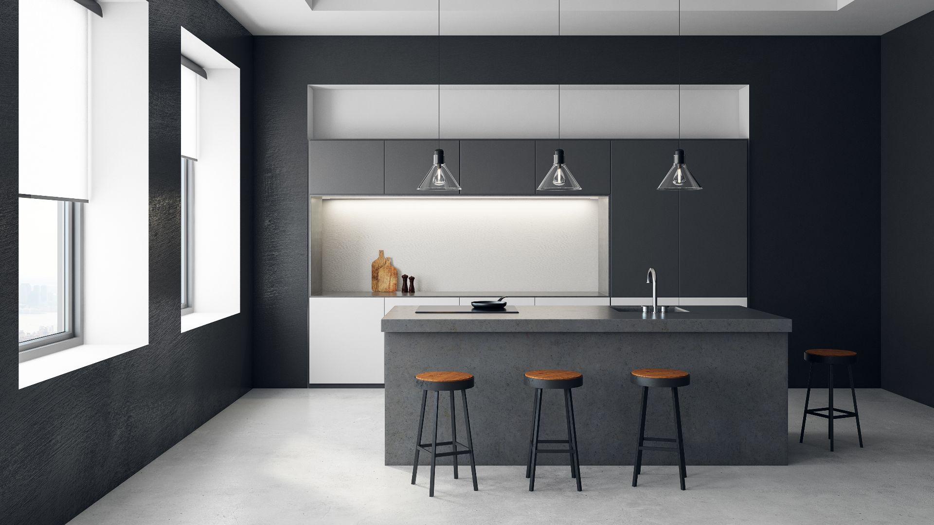Modern dark kitchen interior with furniture and equipment