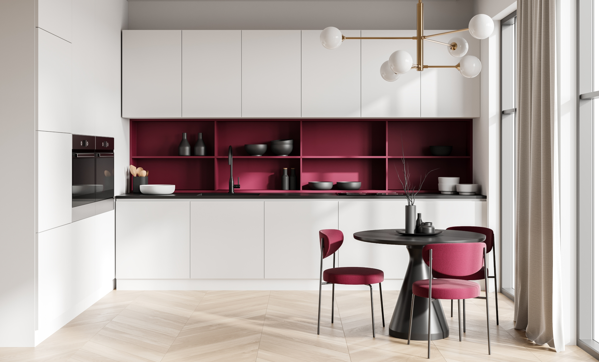 Stylish kitchen interior with white cabinets, red shelves, black decor, burgundy details