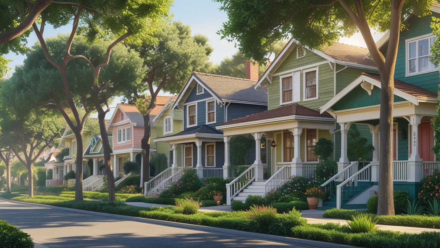 Create an image of Tree-lined streets and charming bungalows in Anaheim’s Colony District—a smart spot for first-time buyers. (1)