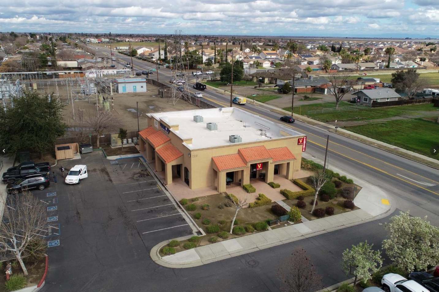 Aerial view of building and parking lot Mercey Springs Rd