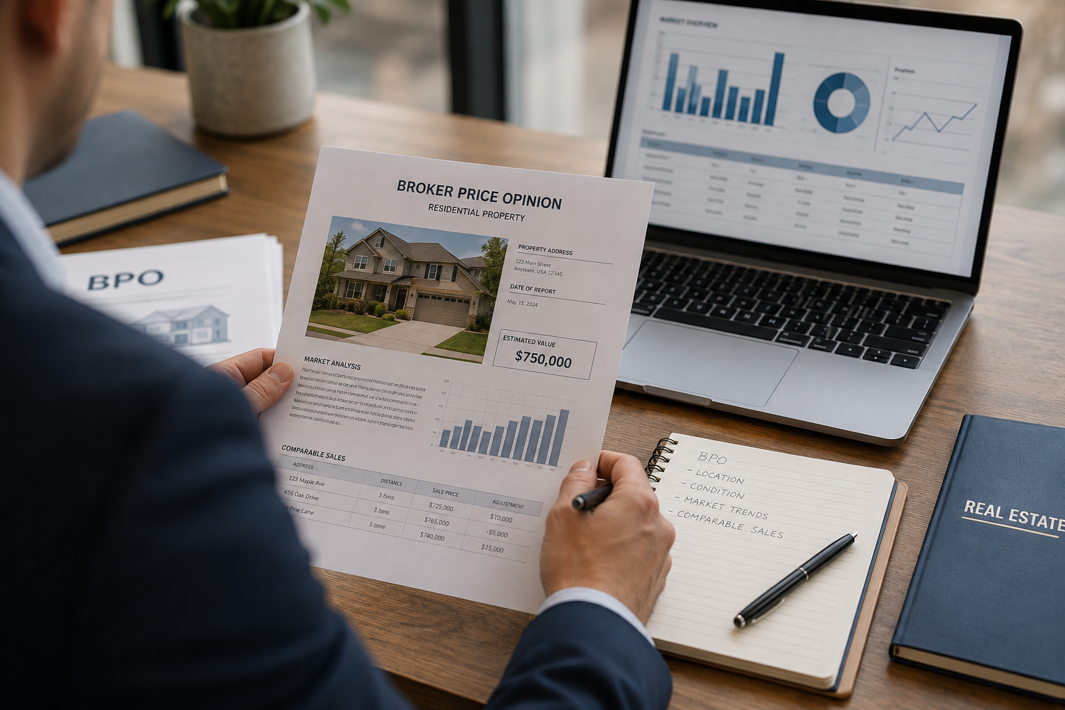 Real estate broker reviewing a property valuation report