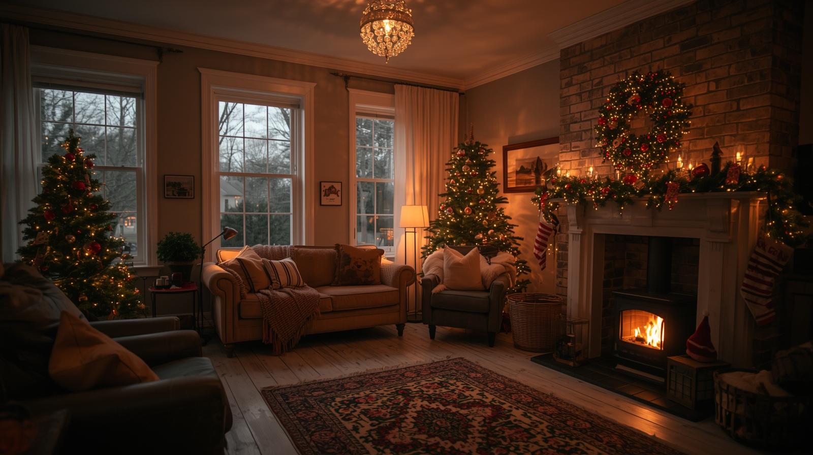 I want a hero picture for my blog, it's about 5 mistakes to avoid during winter when buying a home, Iinvisiton the interor of a home during winter, warm and fetive