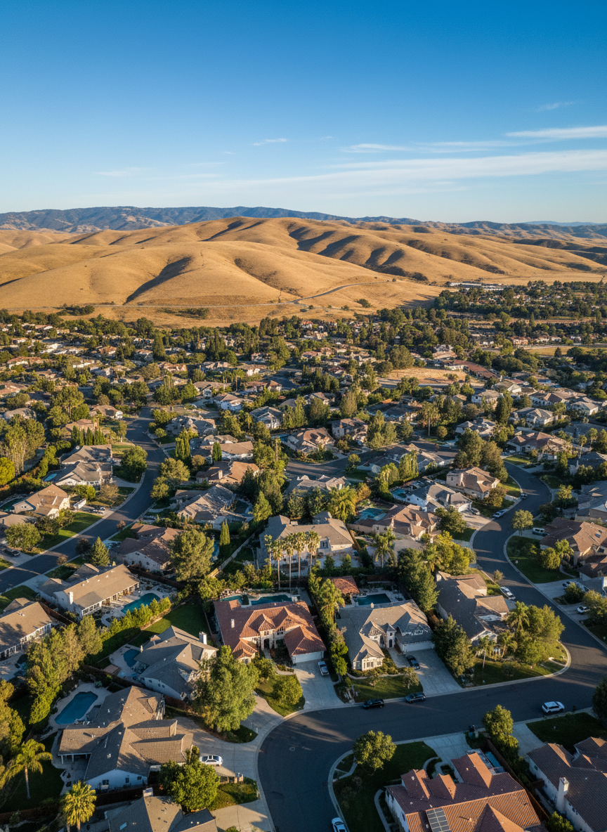 Firefly_Aerial view of a suburban California neighborhood with rolling golden hills in the ba 480729