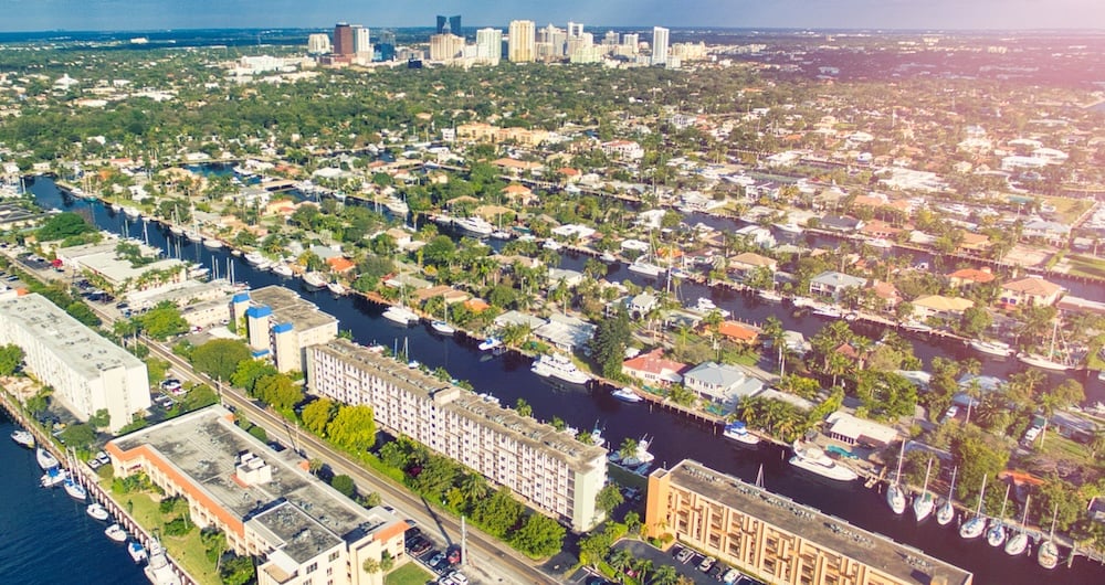 Fort Lauderdale, Florida. Aerial view of city skyline and canals on a sunny morning