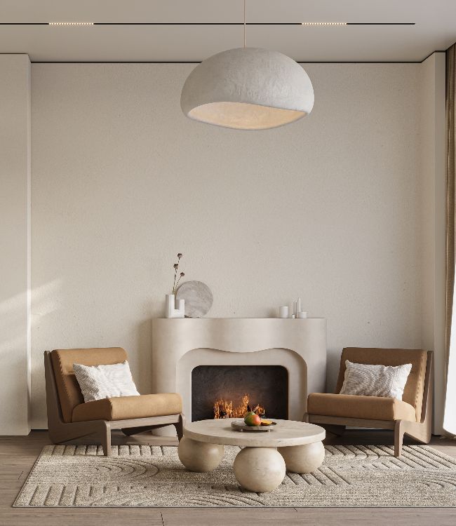 Fireplace in cozy living room interior with warm bright walls and hardwood flooring, 3d rendering