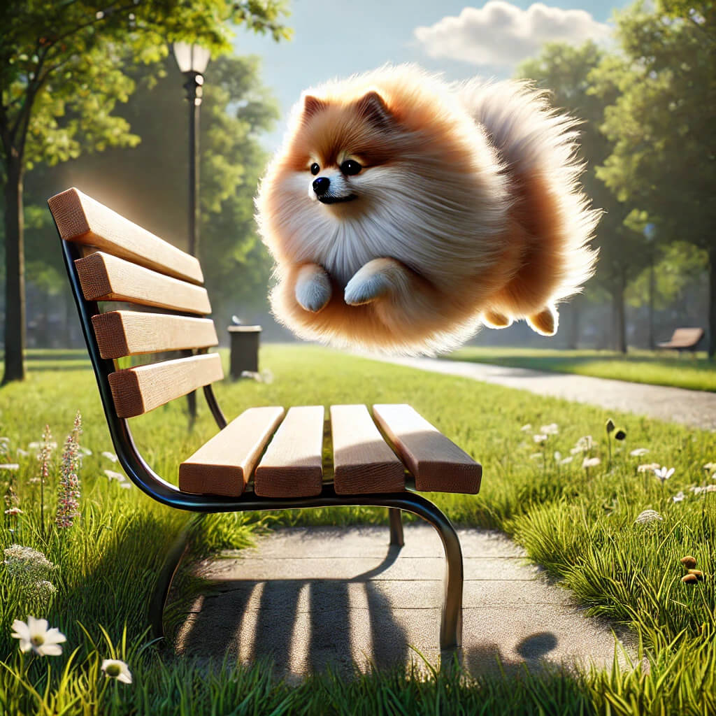 Baileys-Coachella-Valley-Dog-Park-ReviewPomeranian jumping over a park bench
