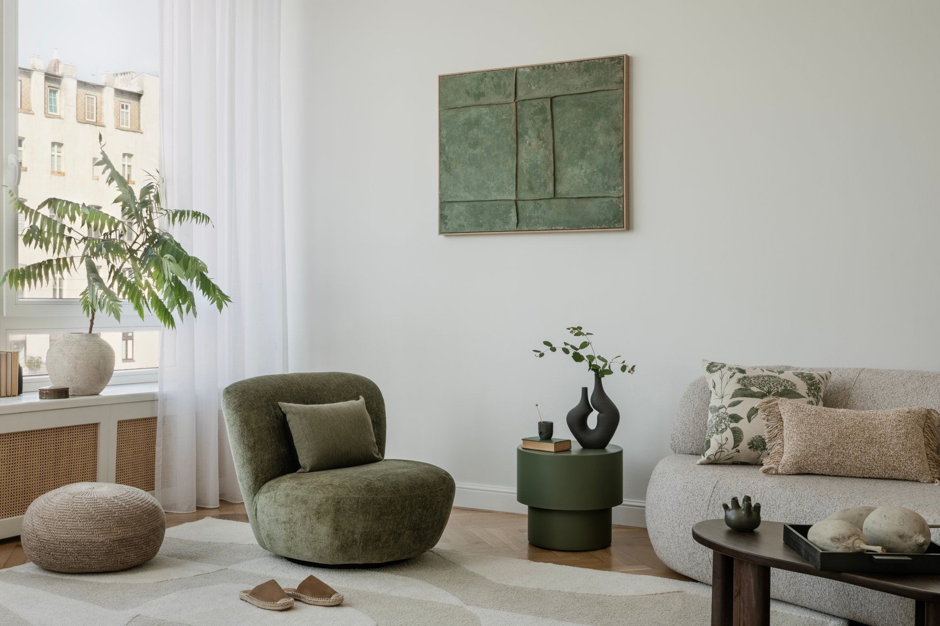 Stylish living area with earthy tones