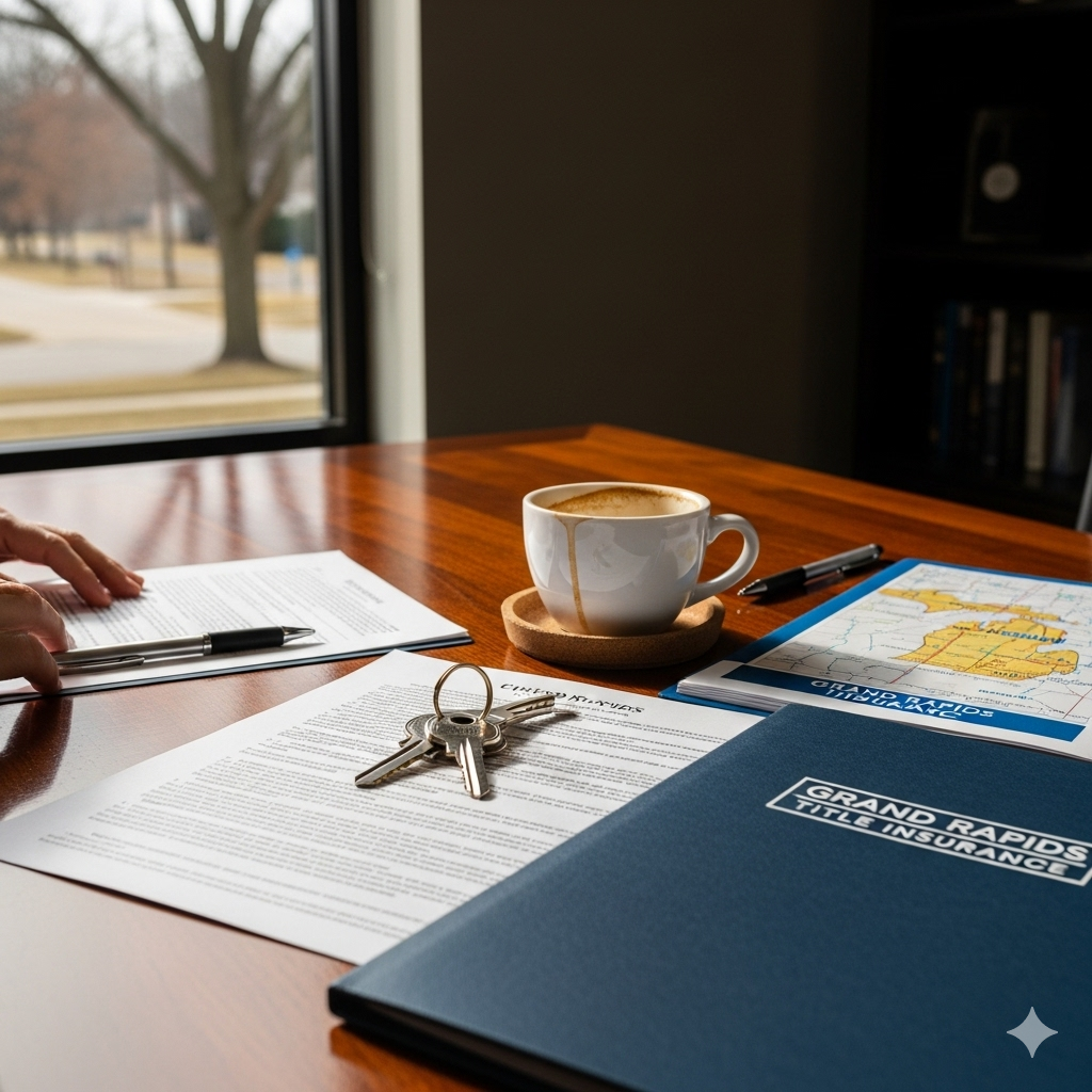 Grand Rapids home buyer signing title insurance documents at closing with house keys on the table.