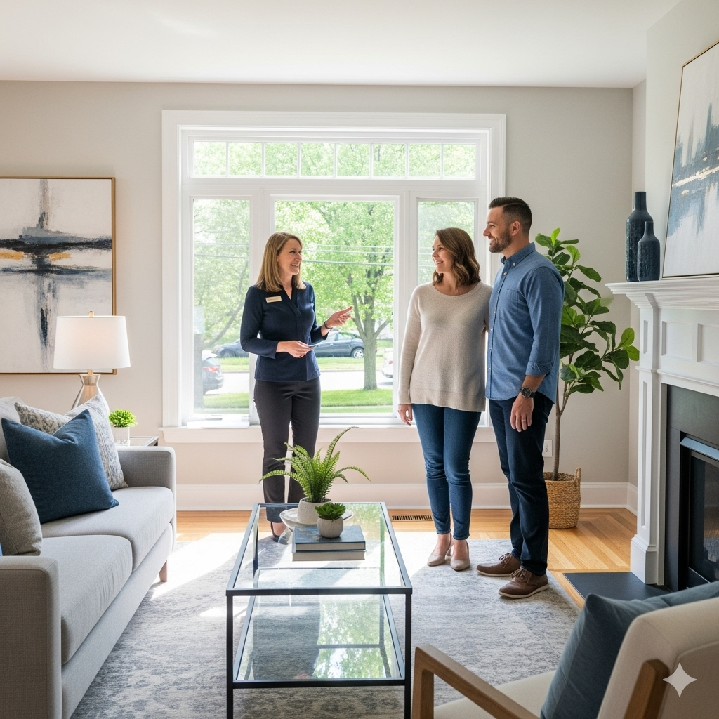 Couple touring a home with their agent in Grand Rapids, taking notes respectfully.