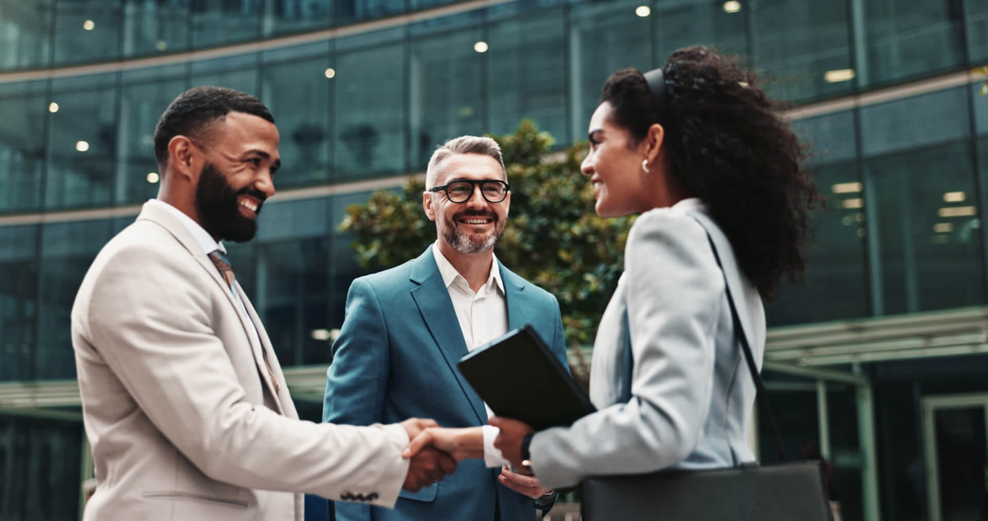 City, business people and smile, team