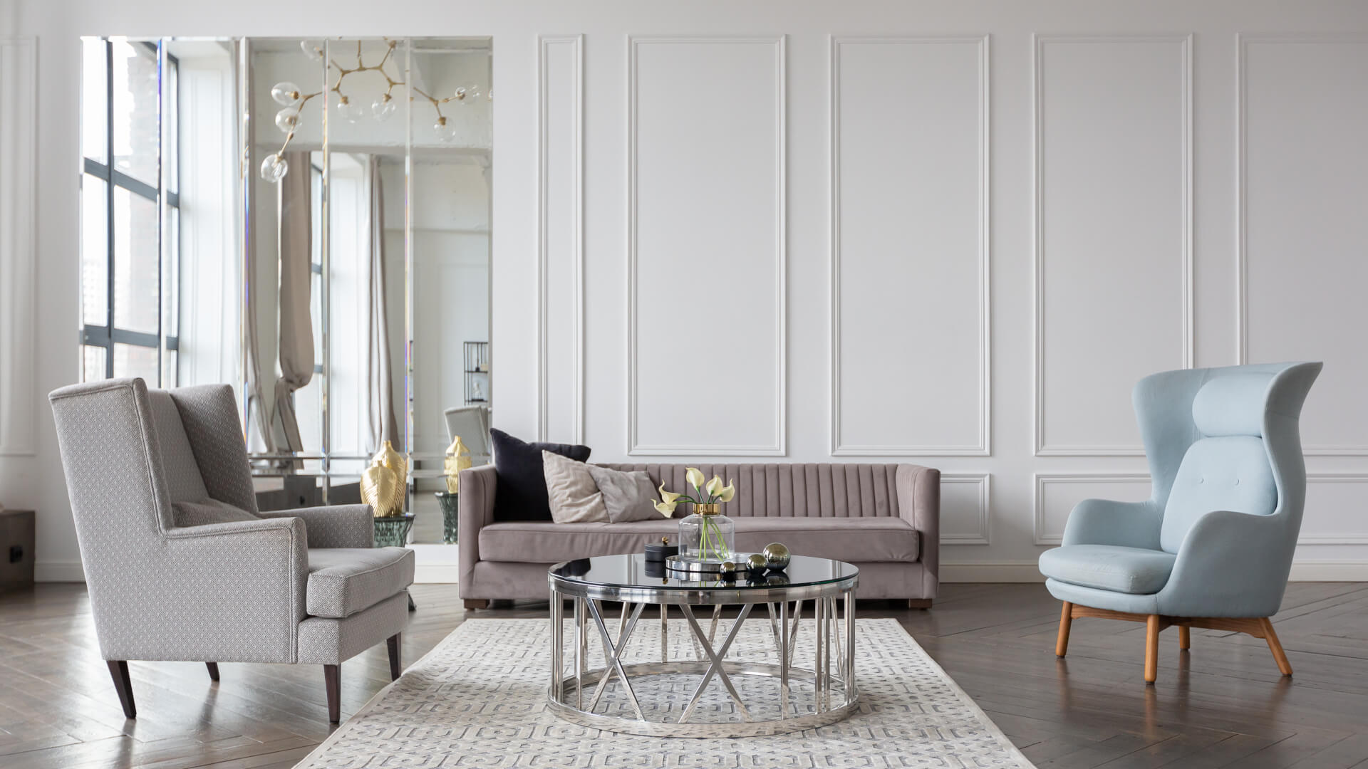 Modern luxury stylish apartment interior in pastel colors