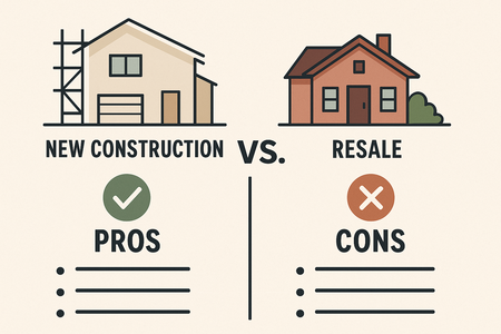 Infographic comparing pros and cons of new construction homes versus resale properties in Mission, Texas, highlighting modern features, customization, and energy efficiency compared to affordability and established neighborhoods.