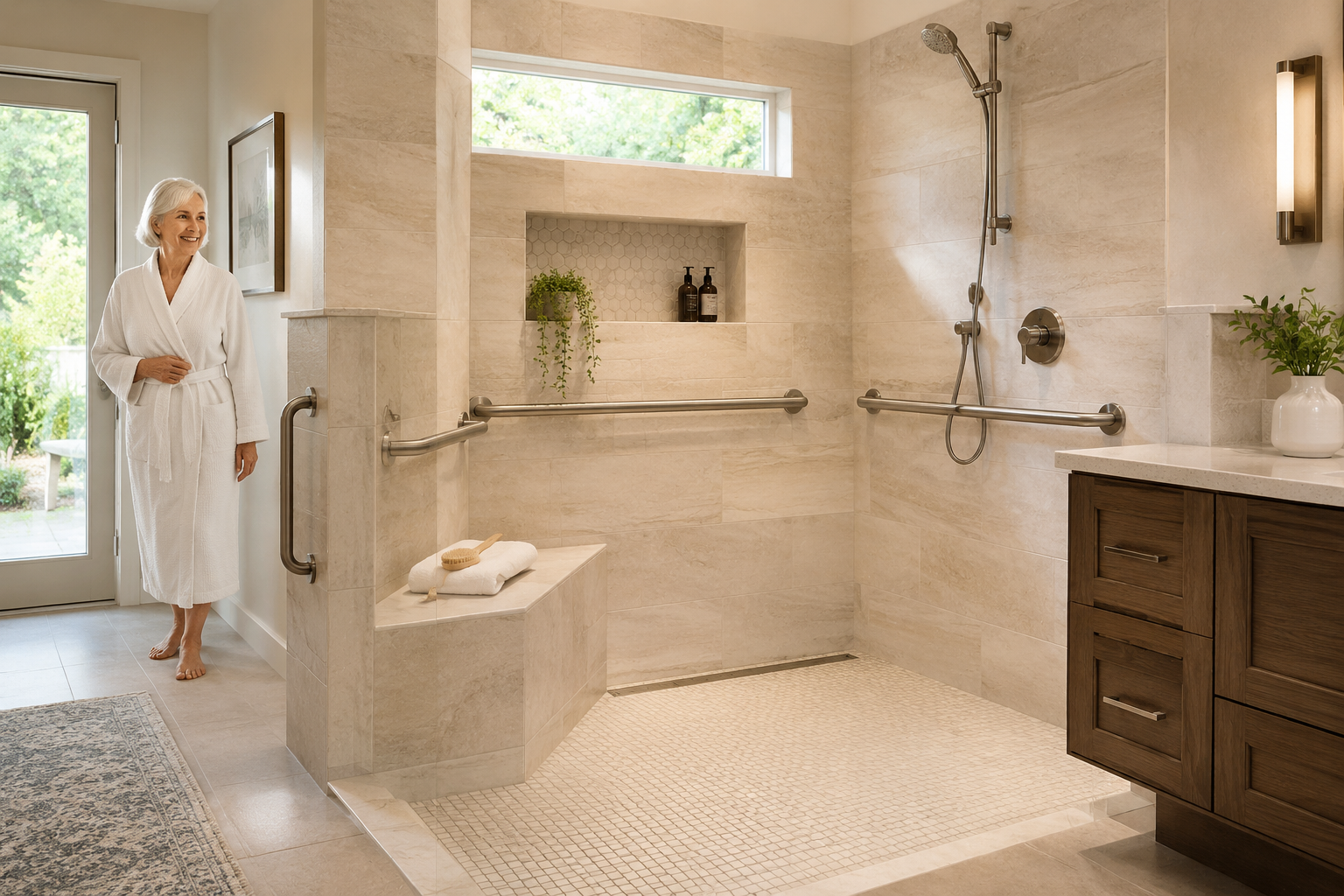 Accessible bathroom renovation with a low-threshold walk-in shower, grab bars, handheld showerhead, and built-in bench.