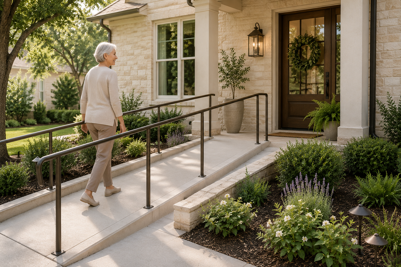 Accessible home entrance with a wheelchair ramp and handrails designed to make entering and leaving the home easier.