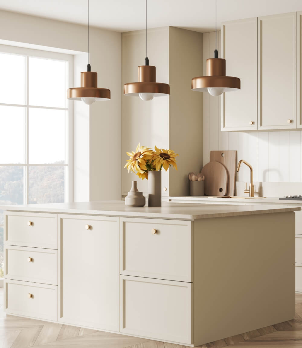 Luxury beige home kitchen interior with bar counter.1