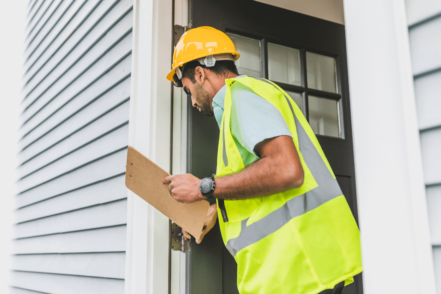 Home inspector checking house foundation with checklist