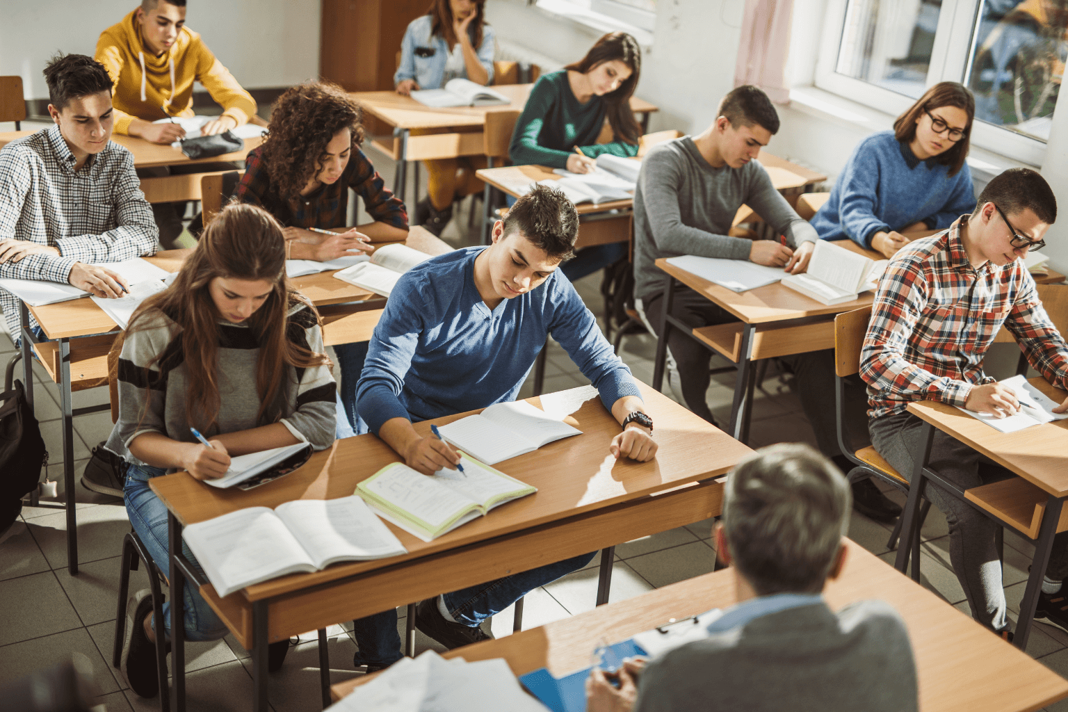 High school students studying together in a classroom at Campolindo High