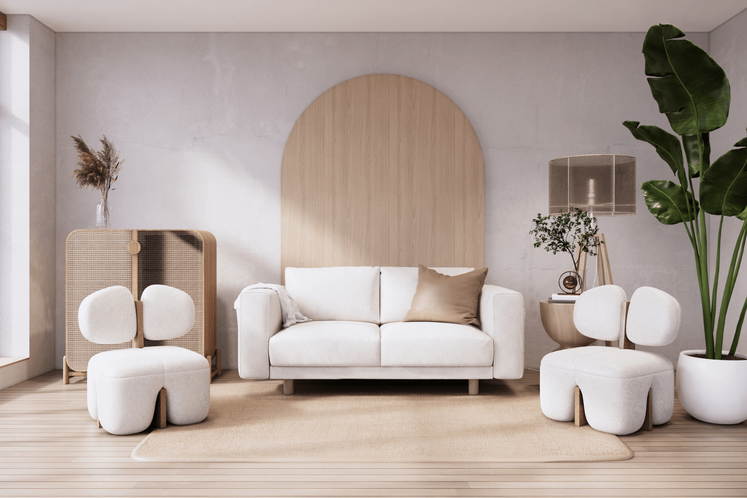 Bright and open staged living room with neutral colors