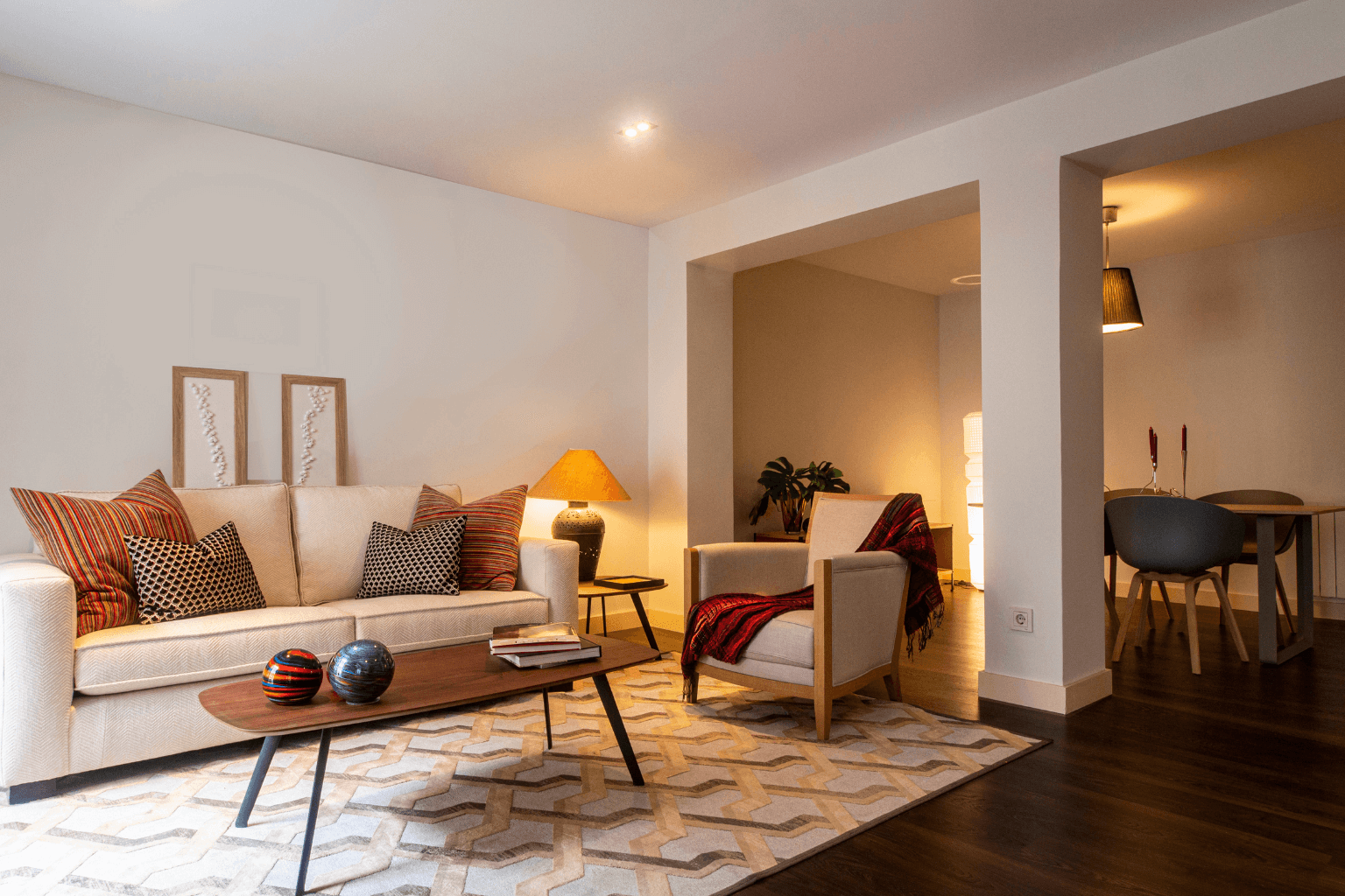 Cozy and stylish interior of a staged home with warm lighting