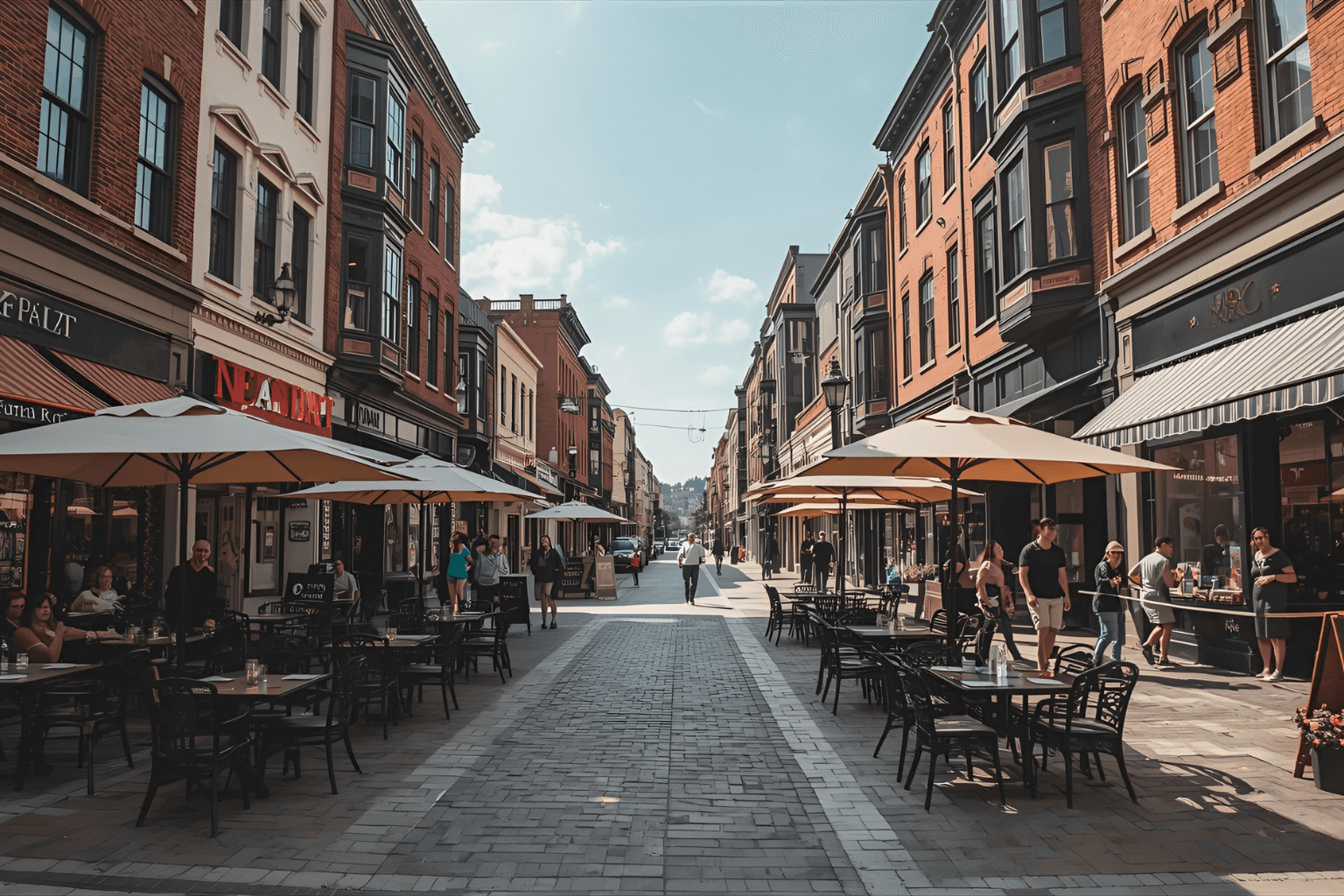 downtown street with shops or outdoor dining
