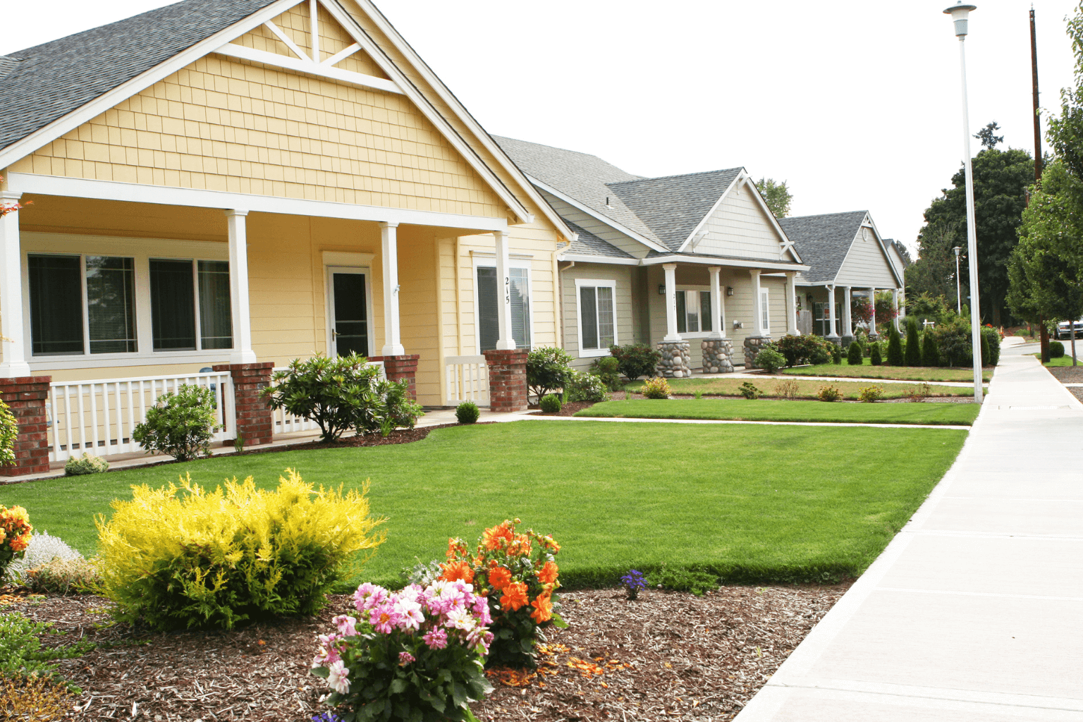 A suburban neighborhood street with homes and trees.