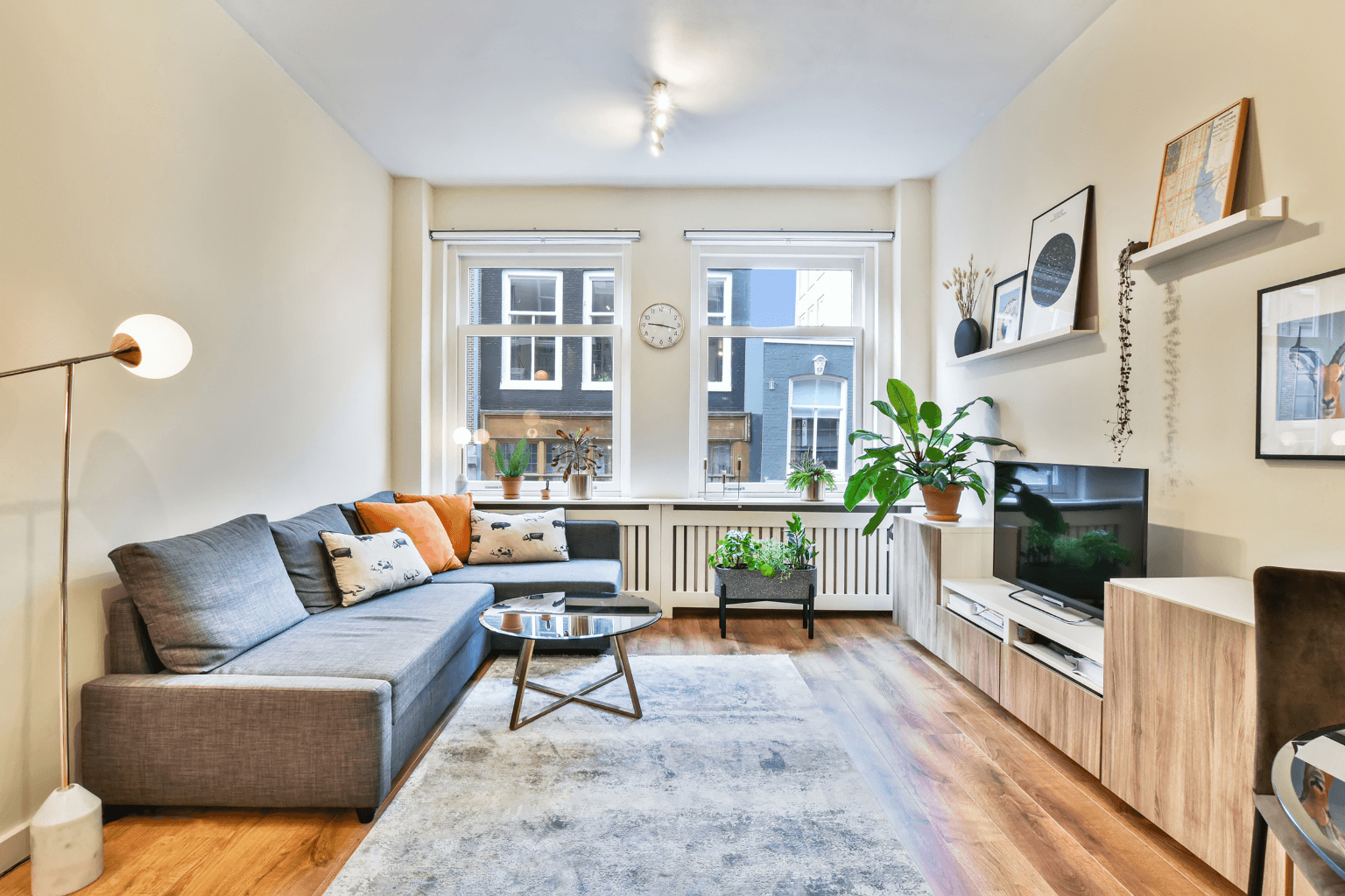 Staged living room with neutral décor